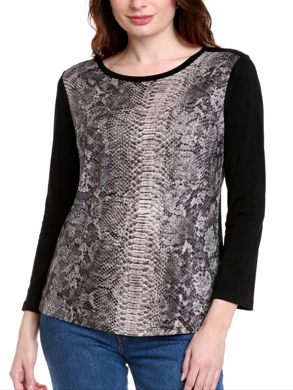 Rebecca Taylor Black and Gray Snake Print Long Sleeve Tee Sz Med